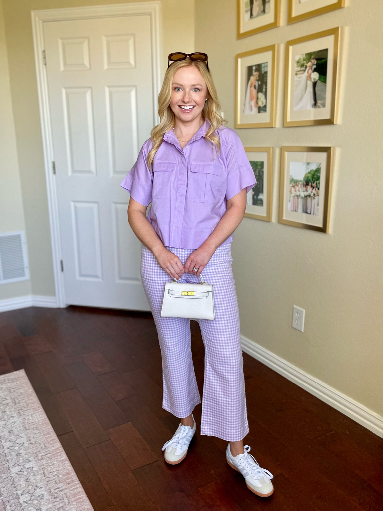 Wearing a 2P in pants and XS in top | workwear, spring workwear, lavender outfit, lavender top, gingham pants, spring outfit, adidas samba 

#LTKSeasonal #LTKstyletip #LTKworkwear