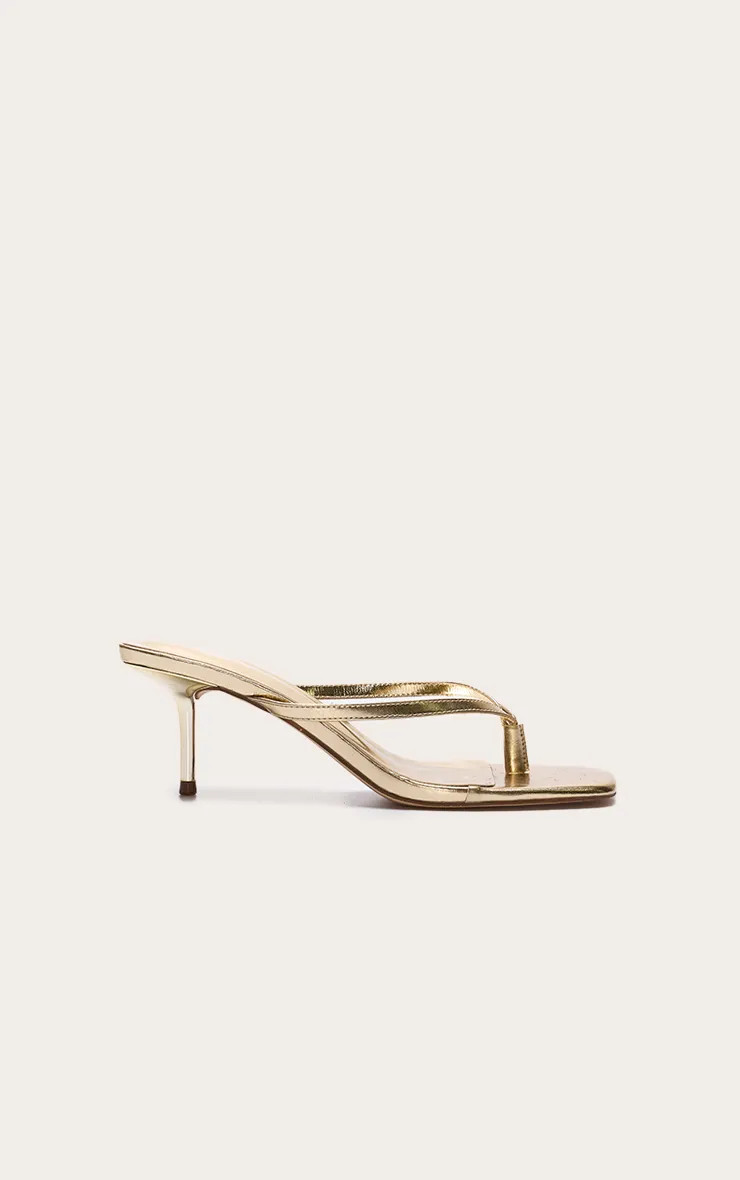 Gold Pu Square Toe Thong Mid Heeled Mules | PrettyLittleThing UK