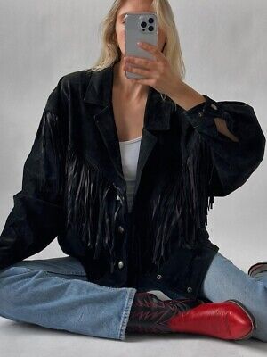 Women's Vintage Fringe Leather Jacket, Black Suede Leather Oversized Jacket  | eBay | eBay US