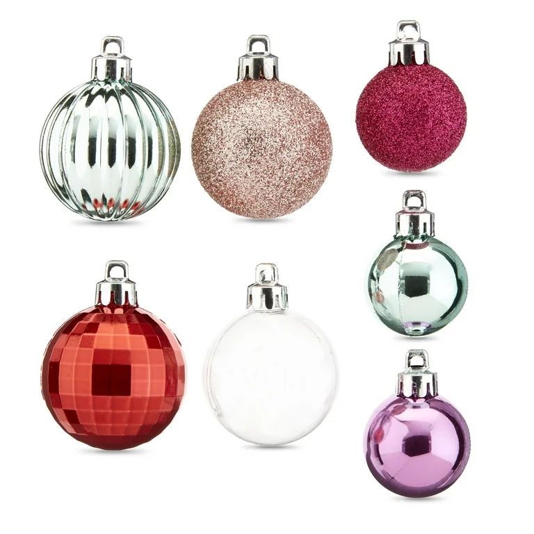 Holiday Time Multi-Textured Shatterproof Christmas Mini Ornaments, Red, Dark Pink, Light Pink, Te... | Walmart (US)