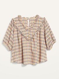 Oversized Short-Sleeve Ruffled Dobby Gingham Blouse for Women | Old Navy (US)