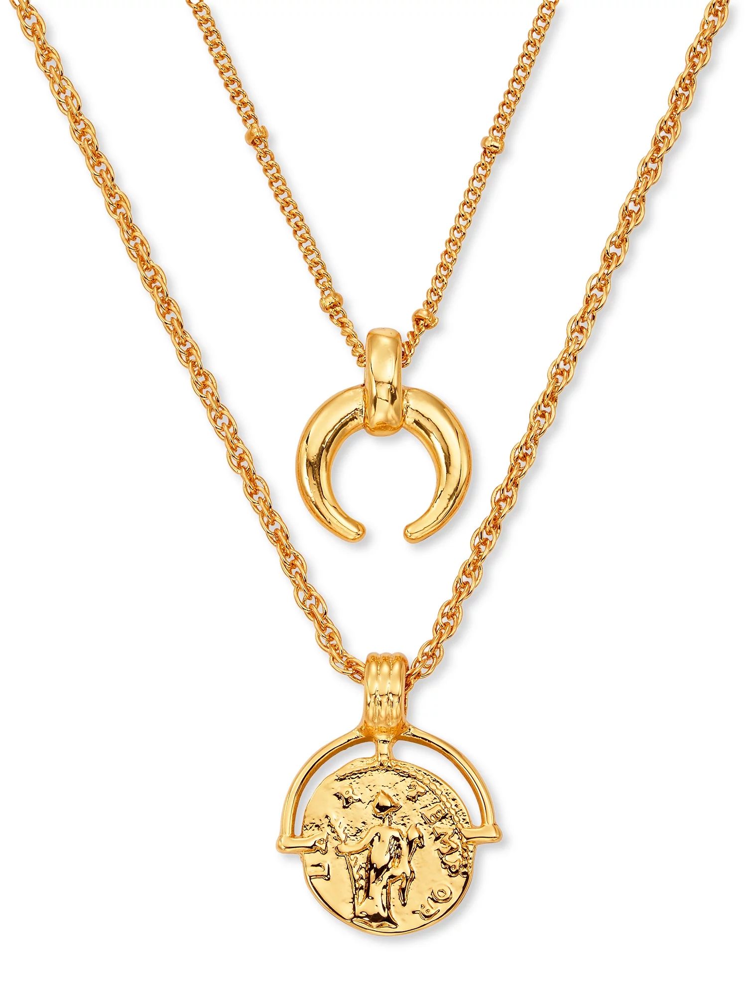 Scoop Womens Brass Yellow Gold-Plated Medallion & Horn Necklace Set, 16" + 3" Extender | Walmart (US)
