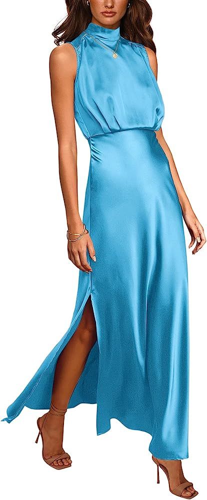 PRETTYGARDEN Women's Summer Long Formal Satin Dress Mock Neck Sleeveless Side Slit Flowy Maxi Tank D | Amazon (US)