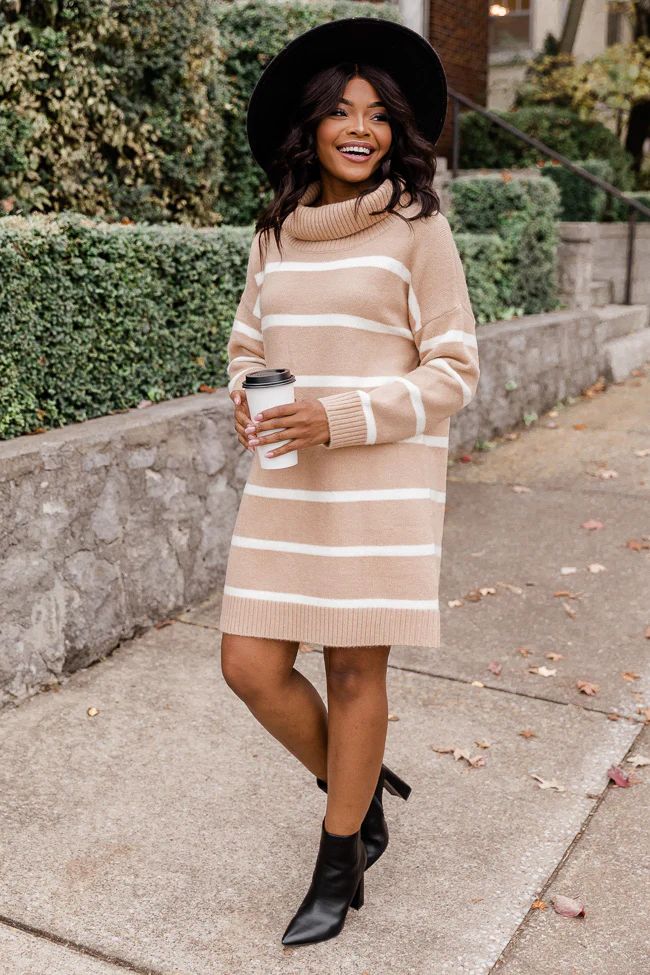 You Got It Tan Striped Turtleneck Sweater Dress FINAL SALE | Pink Lily