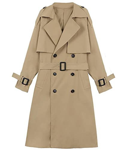 SOMTHRON Women's Double Breasted Long Trench Coat Belted Notch Lapel Overcoat Windproof Classic Outerwear KH-S | Amazon (US)