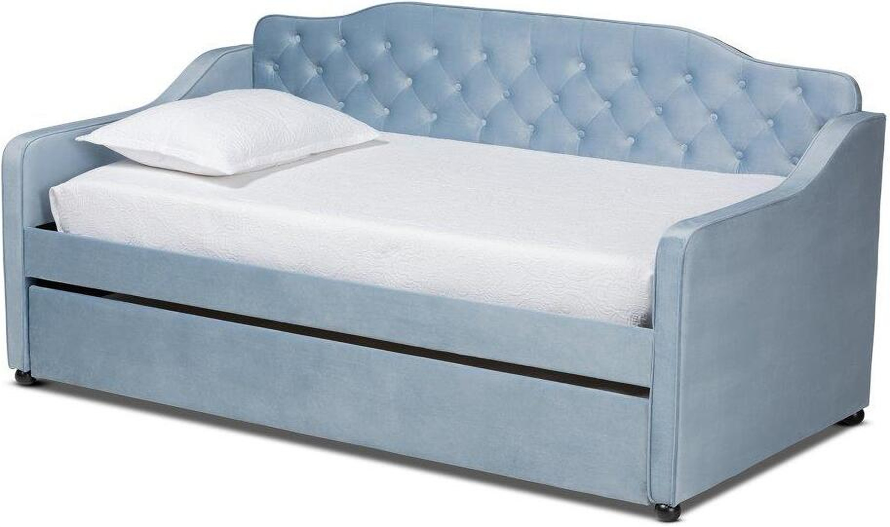 Baxton Studio Freda Traditional and Transitional Light Blue Velvet Fabric Upholstered and Button Tufted Twin Size Daybed with Trundle | 1stopbedrooms