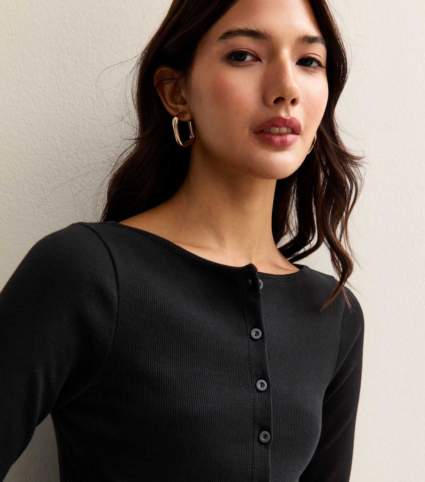 Black Rib Button Up Long Sleeve Top | New Look | New Look (UK)