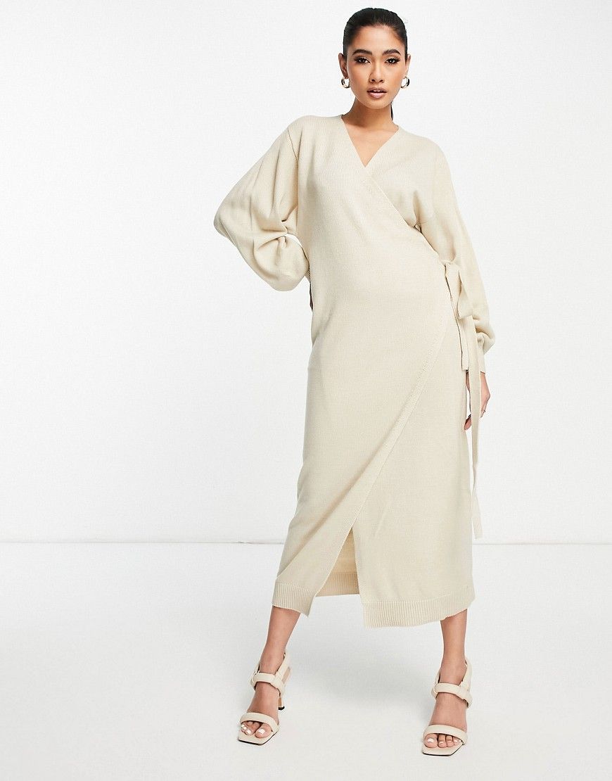 Pretty Lavish Beau wrap knit dress with tie waist in beige-Neutral | ASOS (Global)