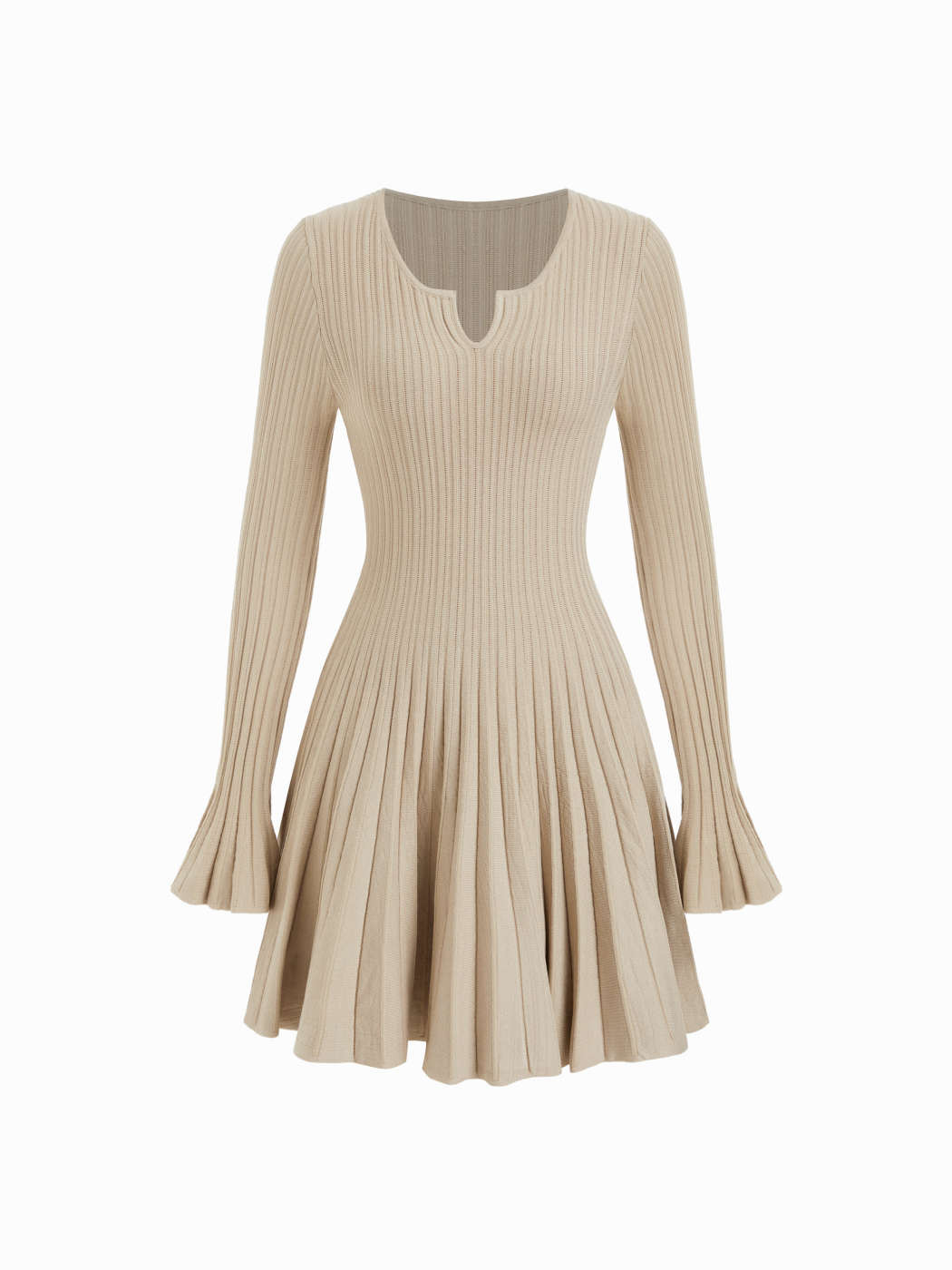 Knit Fabric Ribbed Knit Round Neck Bell Sleeve Pleated Mini Dress For Daily Casual Date | Cider