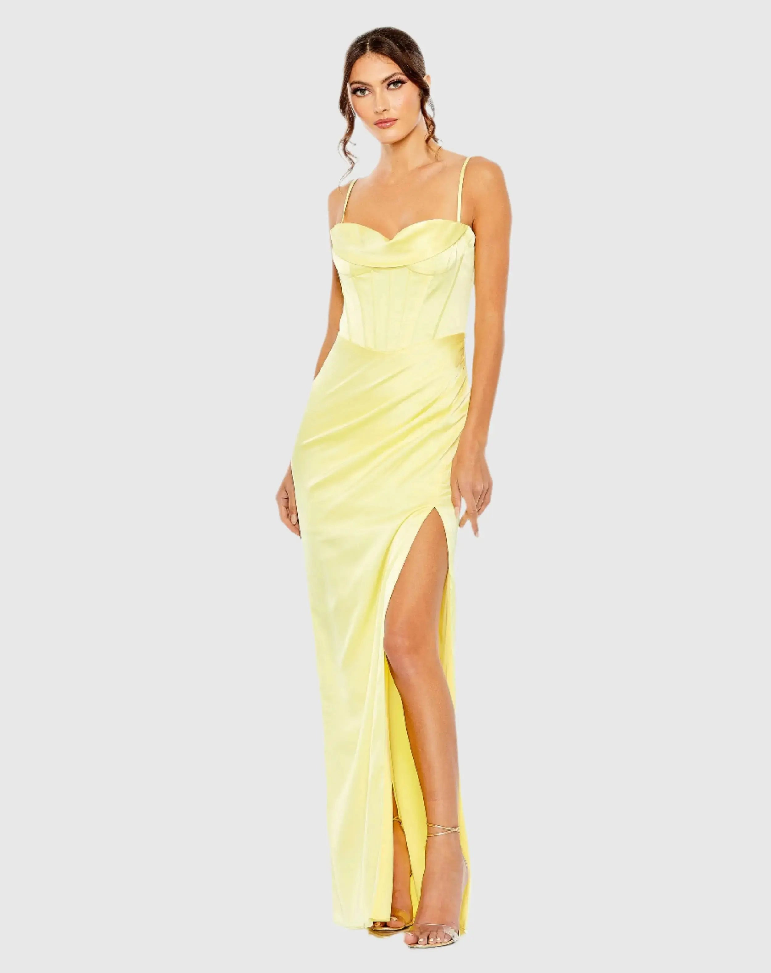 Prom - Mac Duggal - Yellow Bustier Side Ruched Bodycon Gown - US 8 | Mac Duggal