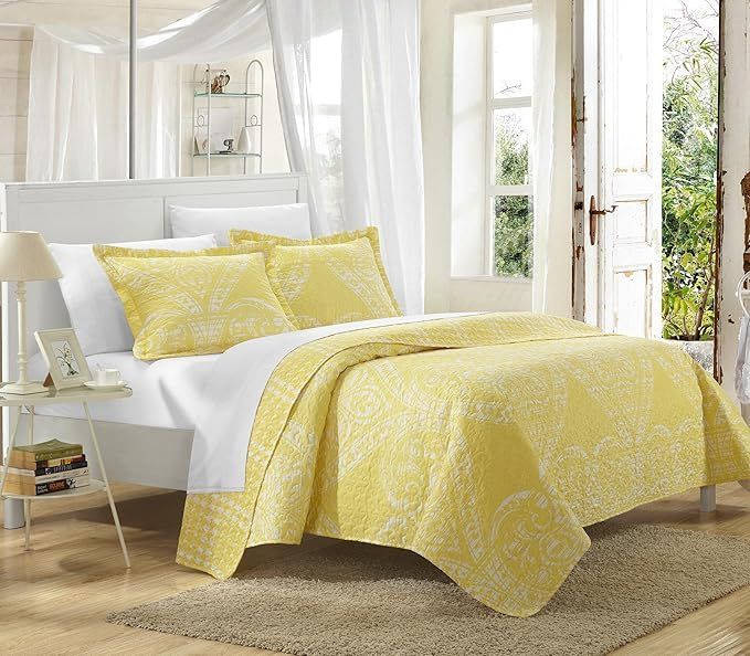 Chic Home 3 Piece Napoli Reversible Printed Quilt Set, Queen, Yellow | Amazon (US)