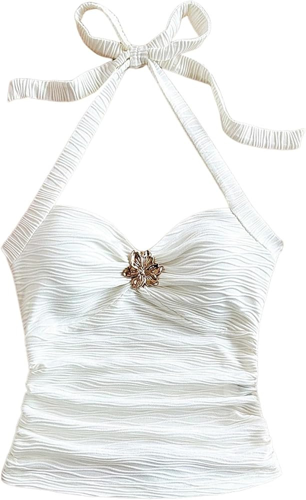 SOLY HUX Women's V Neck Halter Tops Open Back Y2k Ruched Floral Metal Summer Going Out Cami Tops | Amazon (US)