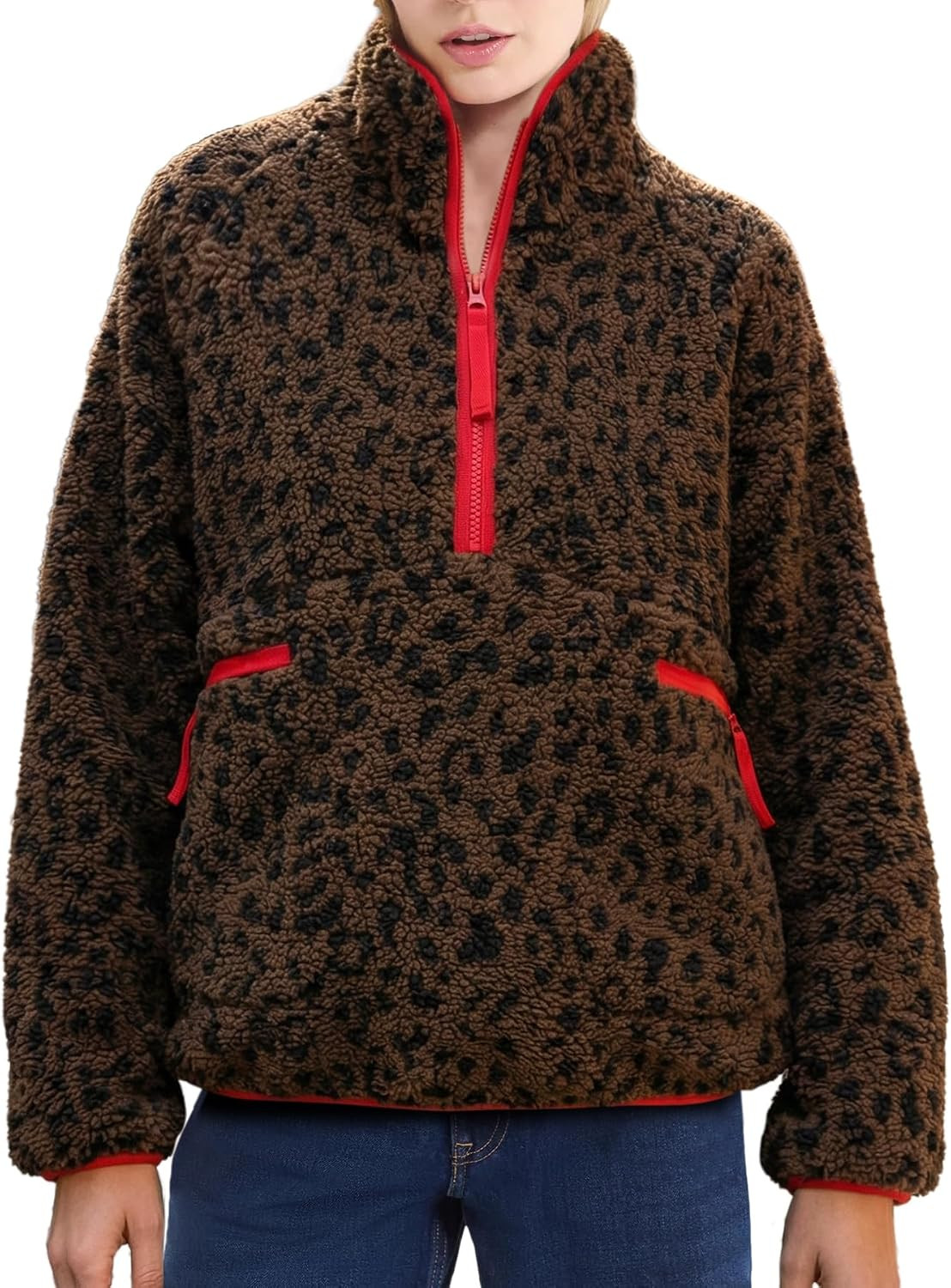 Fuzzy Half Zip Fleece Jacket Women Long Sleeve Sherpa Pullover Sweatshirt Casual Warm Winter Chunky Teddy Outerwear | Amazon (US)