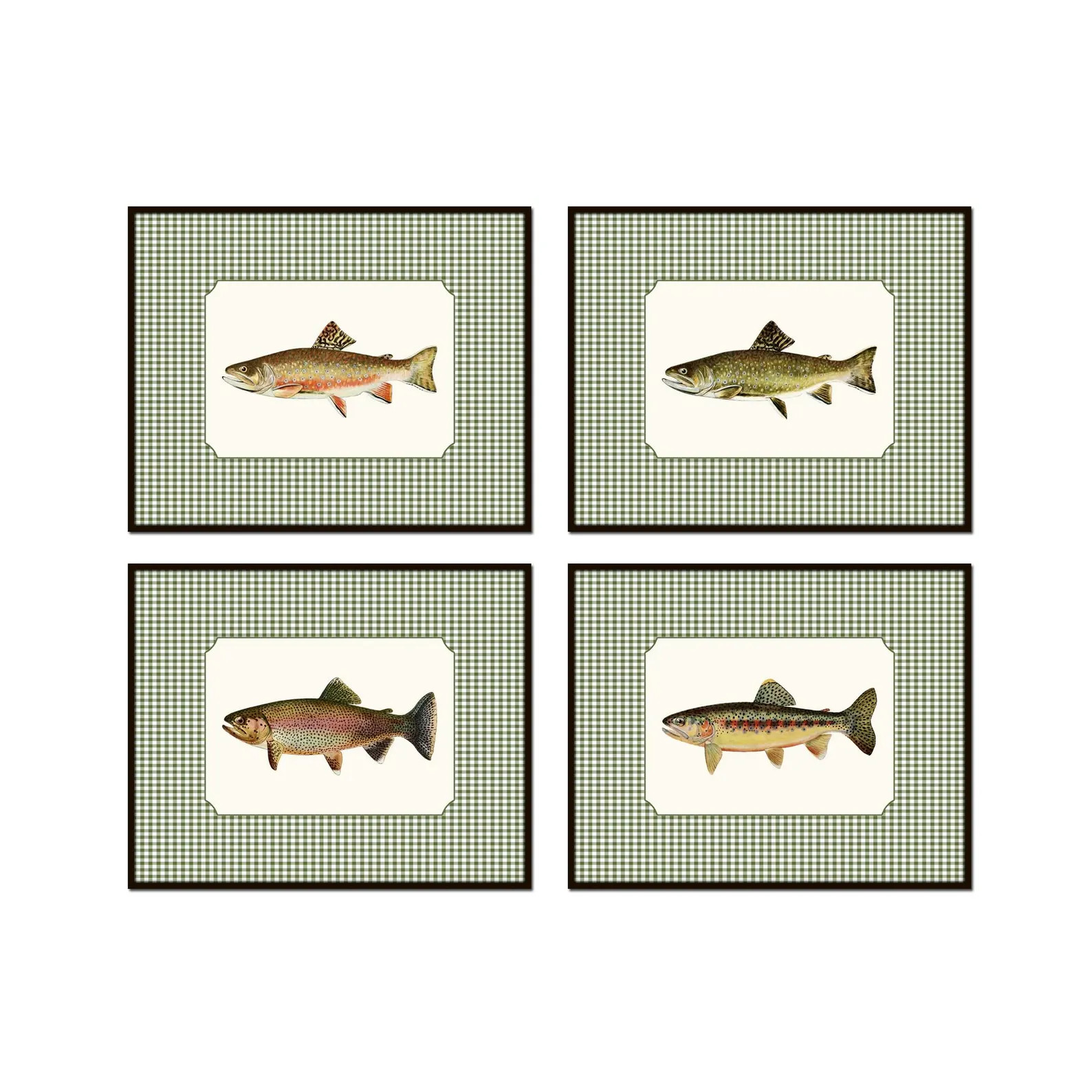Vintage Trout Print Set with Green Gingham Border, Vintage Fish Art, Hunt Club Art, Angler Art, A... | Etsy (Global)