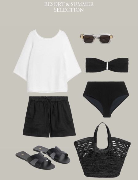 Neutral basic look for summer ✔️ summer2023 outfit inspo. Black Linen shorts from Arket, same for the knitted white jumper. Bikini with high waist bottom and straw bag.
Sandals are from H&M and sunnies from Bottega Veneta 🤍 outfit inspiration, look tips , summer look 

#LTKeurope #LTKSeasonal #LTKstyletip