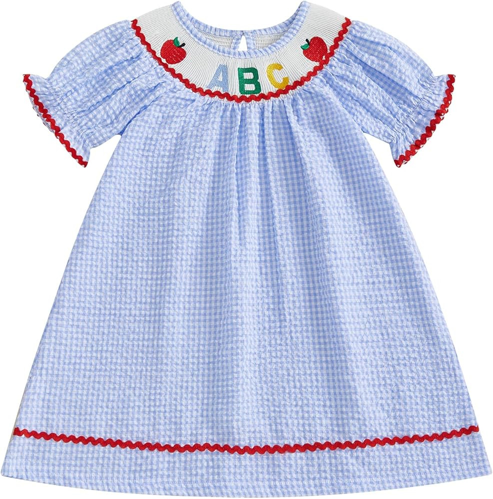 Toddler Little Baby Girl St Patricks Day Outfit Clover Smocked Dress Puff Short Sleeve Plaid Dres... | Amazon (US)