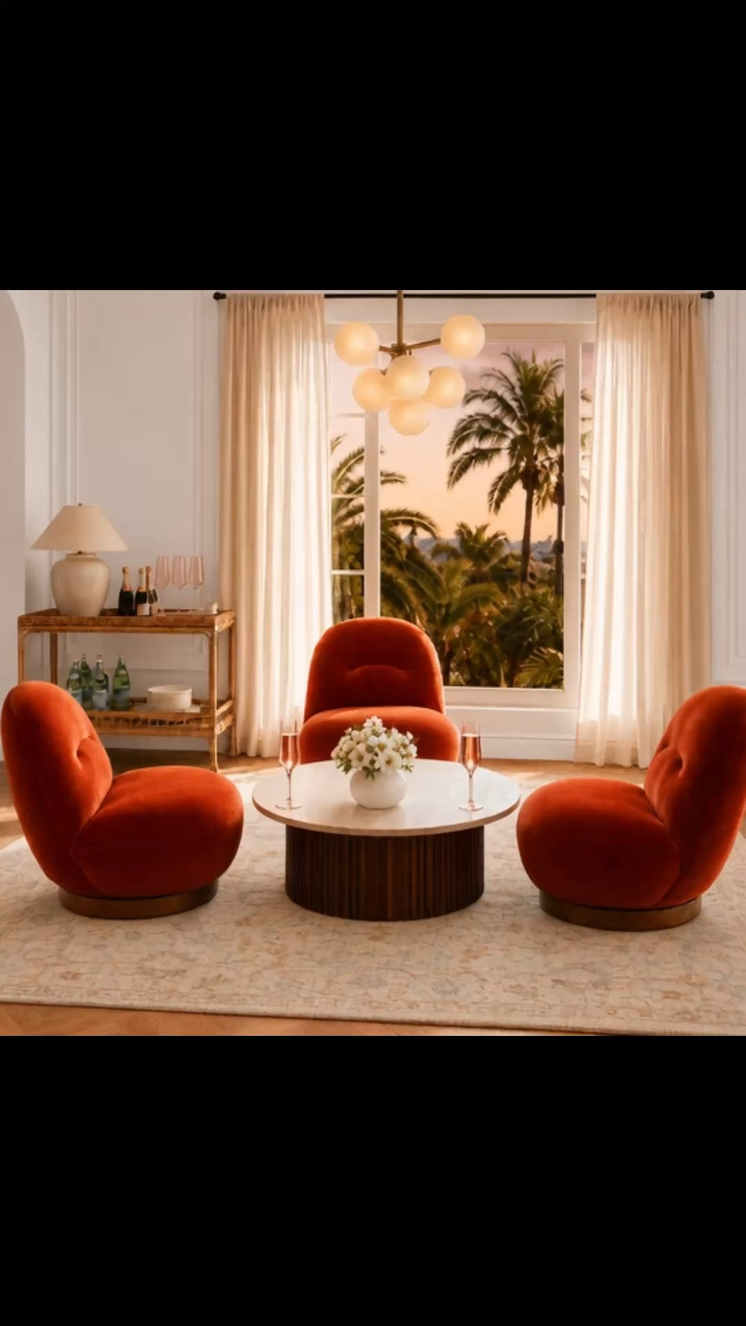 Late-summer sunset lounge. ✨

That moment after dinner when the light turns golden, the ocean breeze drifts in, and the living room becomes the perfect place to relax with a glass of wine.

The star of this space is the burnt-orange lounge chair. Its smooth, curving silhouette feels cozy, sculptural, and undeniably cute, while the rich color adds so much warmth and personality. It’s also such a beautiful way to begin transitioning a room toward fall without making the space feel dark or heavy.

Paired with a sculptural coffee table, soft area rug, wine glasses, and a rattan bar cart styled with favorite bar essentials, the room feels polished yet completely relaxed. The sheer drapes filter the sunset beautifully, creating that warm golden glow that makes everything feel softer and more inviting.

A cozy corner for after-dinner wine, sunset conversations, and easy evenings at home. Wouldn’t you love to end the day here?

#LTKDayInMyLife #LTKHome #LivingRoomInspiration #LateSummerStyle #TransitionToFall #FallColorInspiration #BurntOrange #LoungeChair #CurvedChair #SculpturalChair #AccentChair #CoffeeTable #WineGlasses #RattanBarCart #BarCart #SheerDrapes #AreaRug #BarEssentials #BarTools #HomeBar #ModernClassic #InteriorInspiration

#LTKdayinmylife #LTKHome #LTKSaleAlert