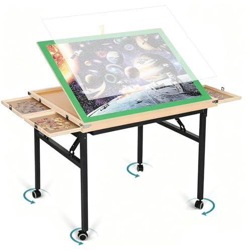 JoyPcsTable 1500-Piece 3-Angle Adjustable Jigsaw Puzzle Table with Drawers, Portable Folding Design Metal Legs & Cover, on Wheels for Adults and Puzzle Lovers | Amazon (US)
