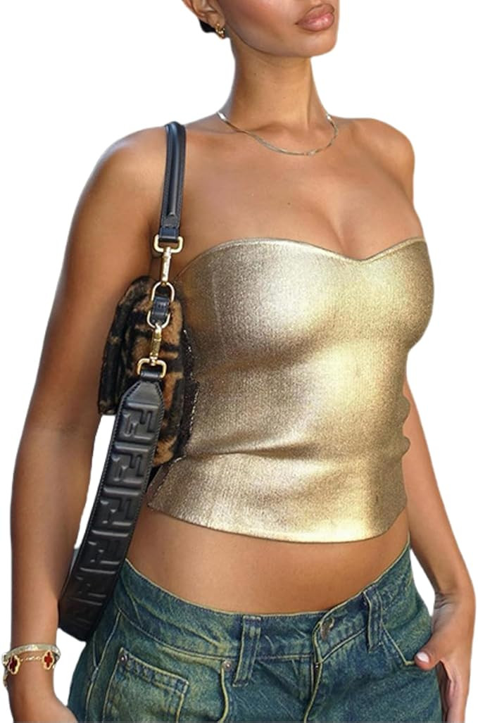 Women's Metallic Silver Tube Top Strapless Crop Top Sexy Sleeveless Ribbed Knit Bandeau Top Busti... | Amazon (US)