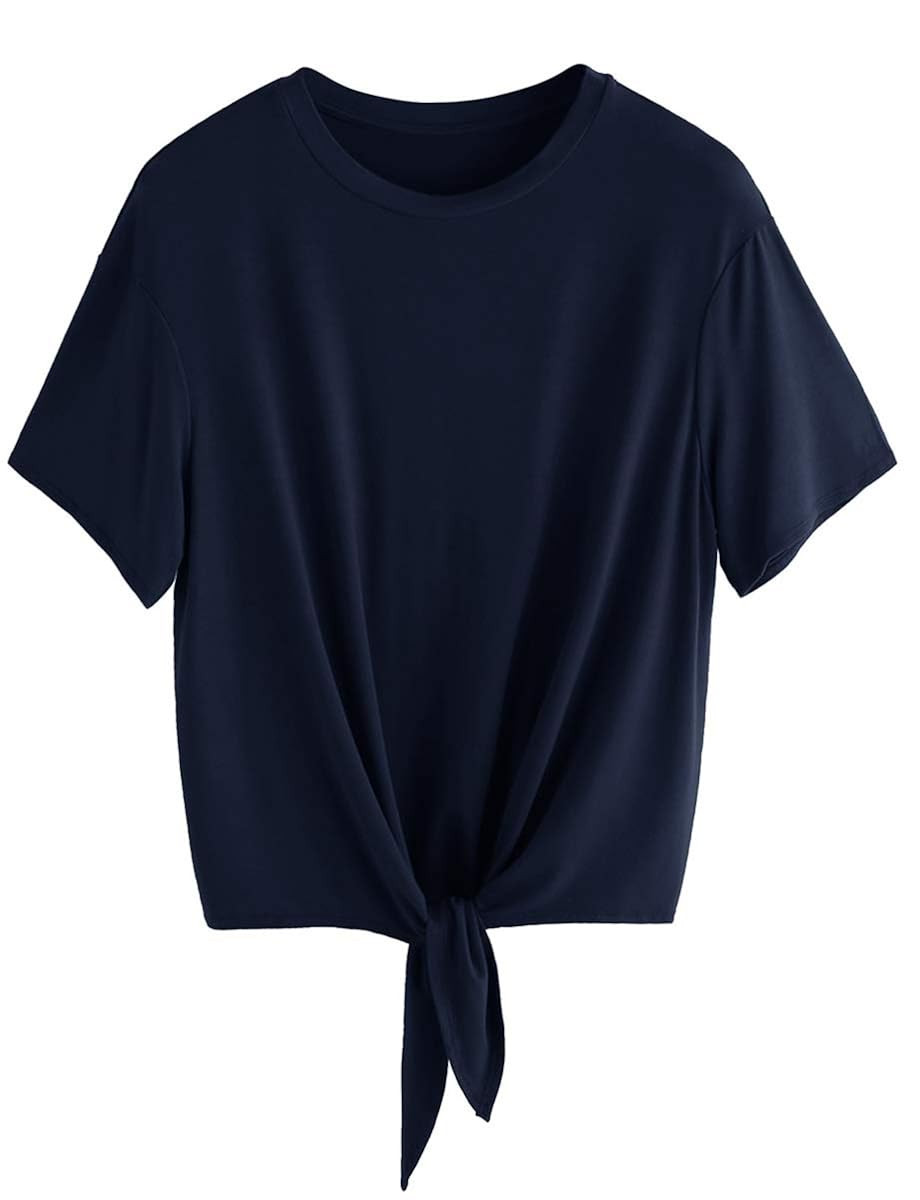 Romwe Women's Short Sleeve Tie Front Knot Casual Loose Fit Tee T-Shirt | Amazon (US)