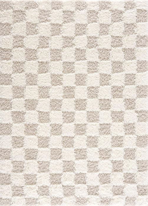 BoutiqueRugs Atira Cream Beige Checkered Shag Plush High Pile Modern Scandinavian Contemporary Ar... | Amazon (US)