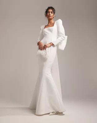 ASOS DESIGN Toby statement square neck and bow back wedding dress in ivory | ASOS (Global)