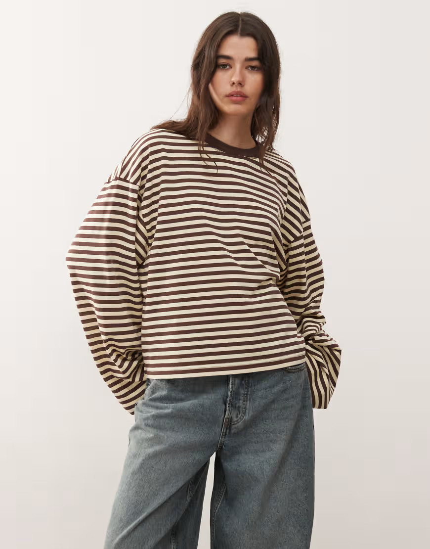 Lioness Bloom cotton blend long sleeve crew neck boxy t-shirt in chocolate and lemon stripe-Multi | ASOS (Global)