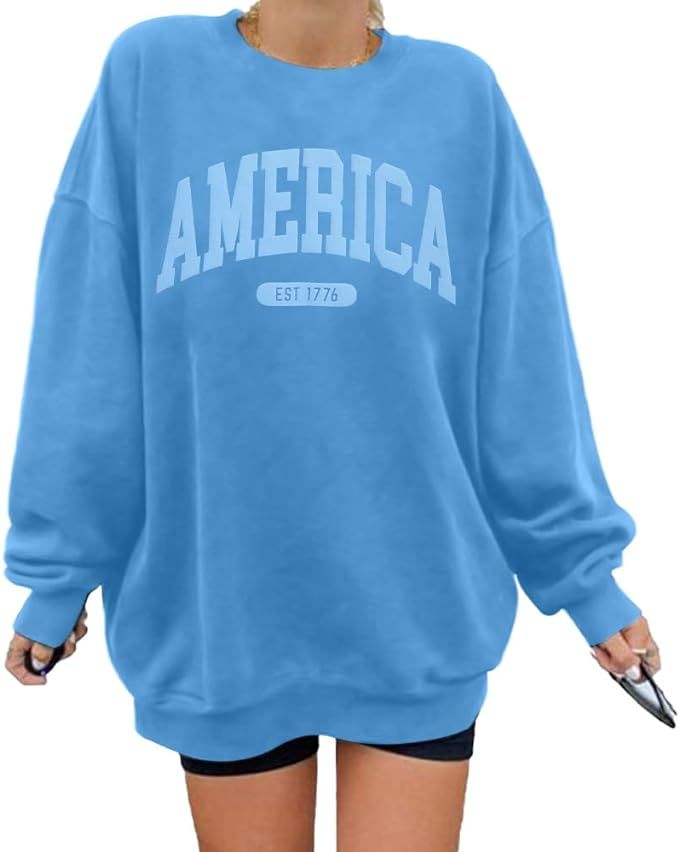 American Oversized Sweatshirt Women USA Shirt Patriotic TShirt Casual Long Sleeve Pullover 4th of... | Amazon (US)