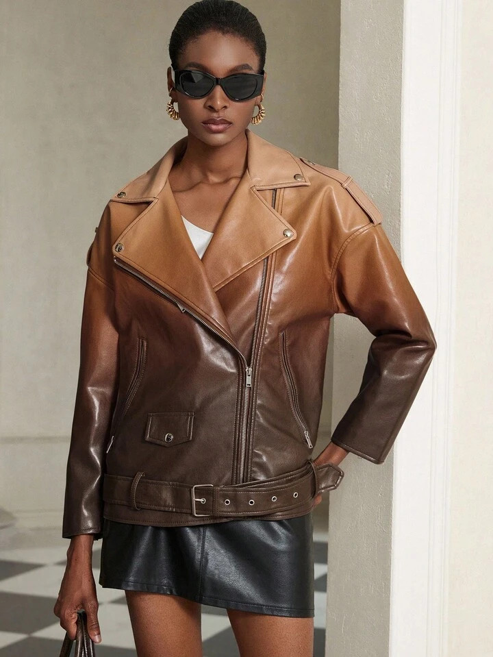 Aveloria Modichic New Gradient Color Fashion Casual Leather Jacket Women, Motorcycle Style Zipper Design Lapel High-End Jacket | SHEIN