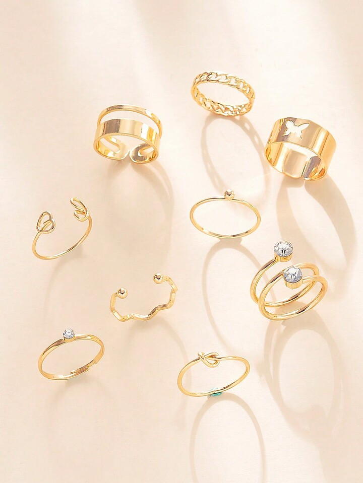 9pcs/Set Fashionable Minimalist Butterfly & Multielement Design Lady Gold Rings Set Ideal For Wom... | SHEIN