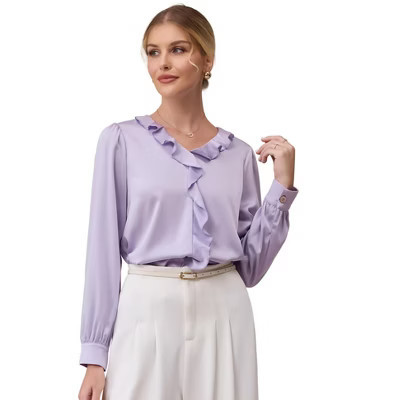 INSPIRE CHIC Women's Elegant Satin Ruffle V Neck Long Sleeve Office Work Dressy Shirt XX-Large Light Purple | Target