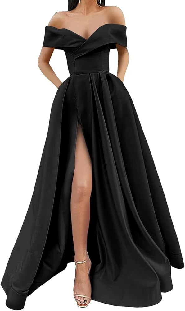 SoDigne Off Shoulder Long Slit Prom Dresses A-Line Satin Formal Evening Party Gowns with Pockets | Amazon (US)