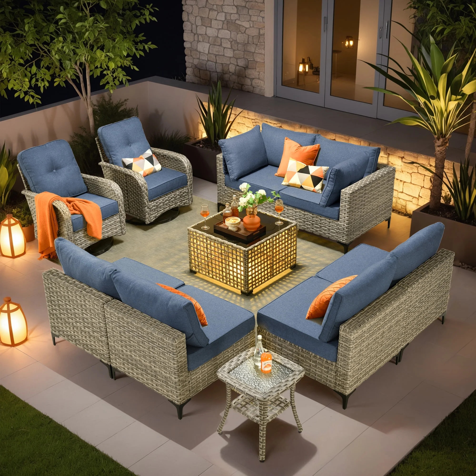 Ovios 10 Pieces Outdoor Patio Furniture Set with Swivel Chair All-Weather Wicker Conversation Out... | Walmart (US)