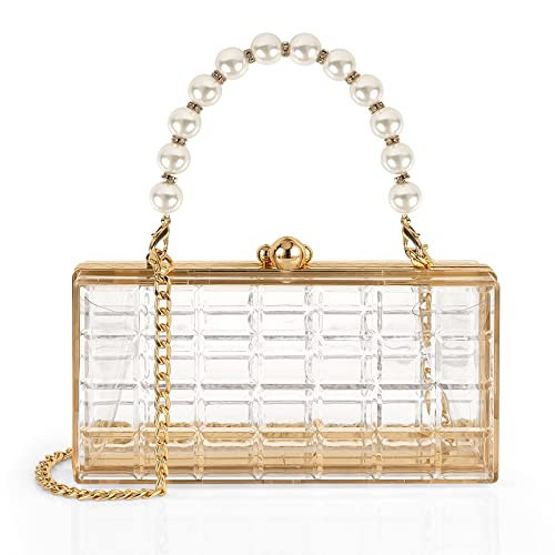 DODAMOUR Clear Purse for Women Acrylic Clutch Bag with Pearl Handle & Gold Chain Crossbody, Transparent Box Evening Handbag for Wedding, Prom, Cocktail Party & Stadium Approved | Amazon (US)