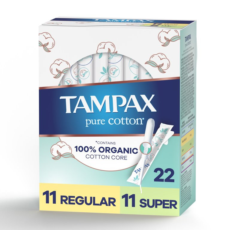 Tampax Pure Cotton Tampons, Regular/Super Absorbency, 22 Ct, Unscented | Walmart (US)