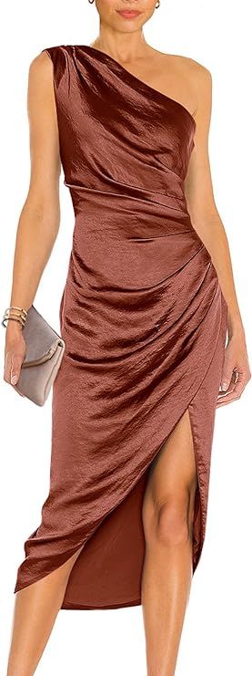 PRETTYGARDEN Women's Elegant Satin Midi Bodycon Dress 2023 Summer One Shoulder Ruched Wrap Cockta... | Amazon (US)