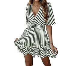 PRETTYGARDEN Women's Casual Summer Striped Dress Short Sleeve Wrap V Neck Ruffle Hem Mini Skater ... | Amazon (US)