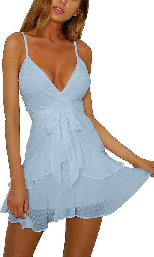 ECOWISH Womens V-Neck Spaghetti Strap Bowknot Backless Sleeveless Lace Mini Swing Skater Dress | Amazon (US)