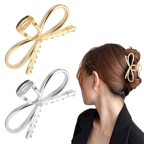 4.5 Inch Metal Bow Claw Hair Clips - Cute Bowknot Hair Jaw Clips with Strong Hold for Thick and Thin Hair - 2 Pcs, Gold & Silver | Amazon (US)