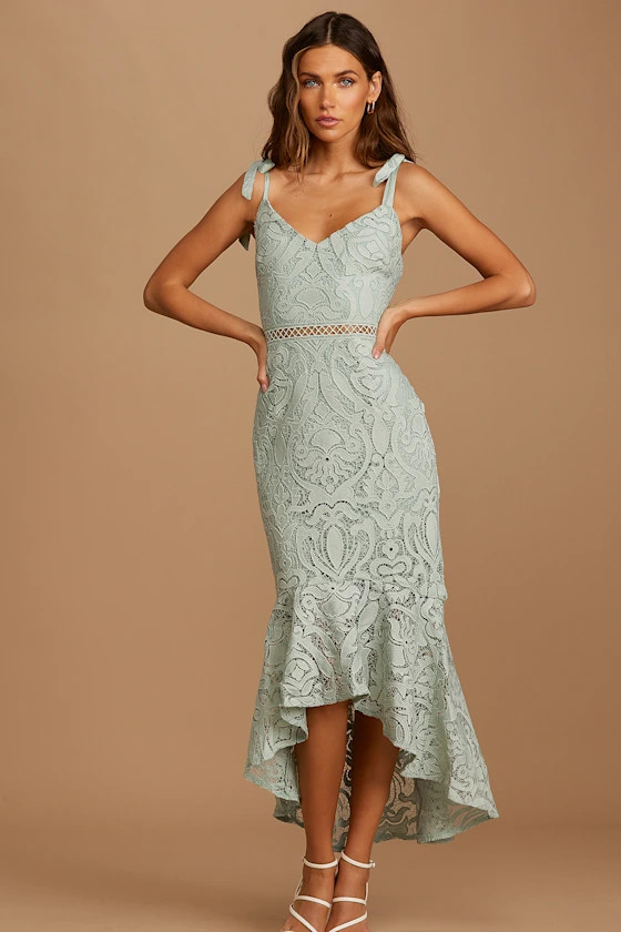 Won Your Heart Sage Green Lace Tie-Strap High-Low Midi Dress | Lulus