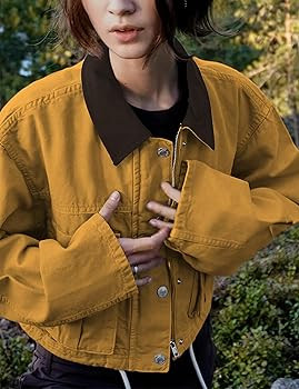 Womens Cropped Jacket Contrast Collar Utility Coat Cargo Jacket Barn Jacket Outwear with Pockets | Amazon (US)