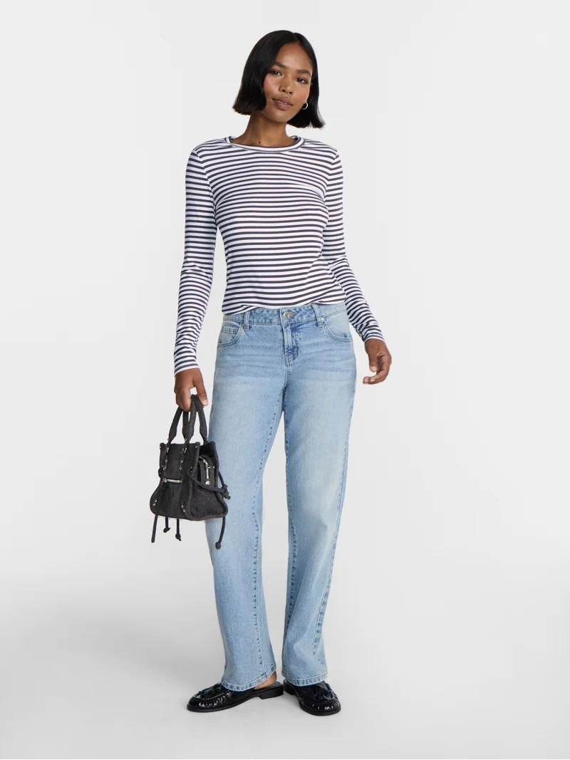 No Boundaries Ribbed Crewneck Tee with Long Sleeves, Women's & Women's Plus XXS-4X | Walmart (US)