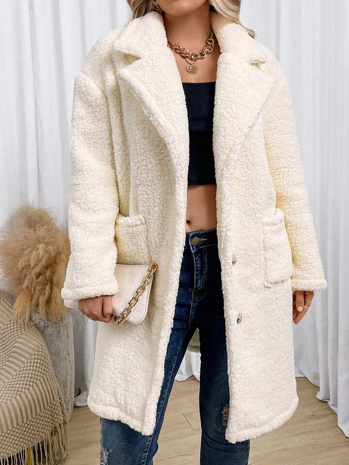 SHEIN Frenchy Plus Dual Pocket Drop Shoulder Teddy Coat | SHEIN