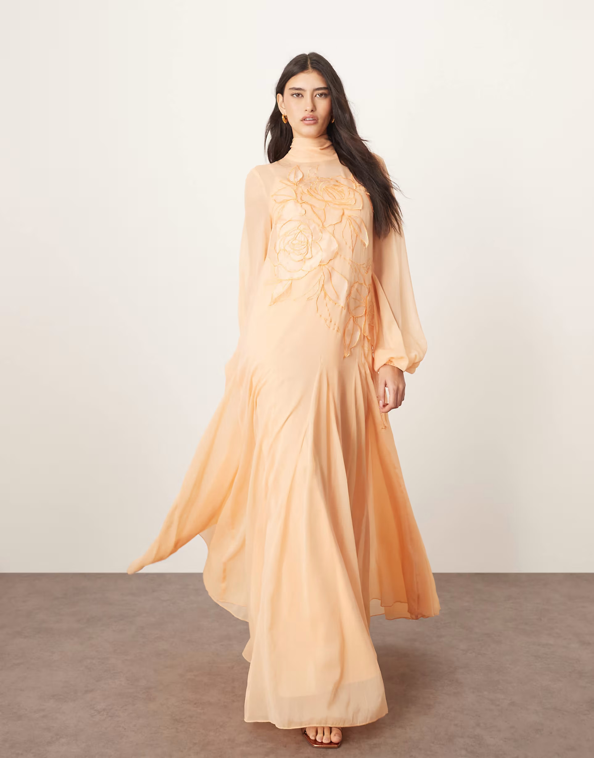 ARRANGE applique floral tie neck blouson sleeve trapeze maxi dress in apricot | ASOS (Global)