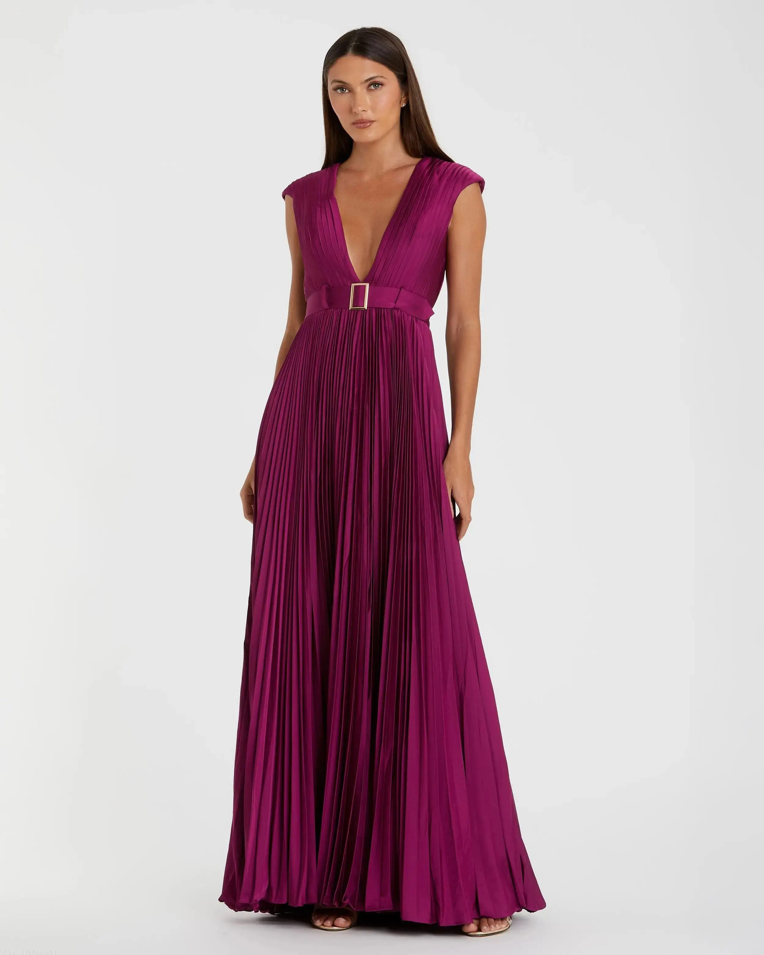 Purple Pleated Plunge Neck Belted A Line Gown - Mac Duggal | Mac Duggal