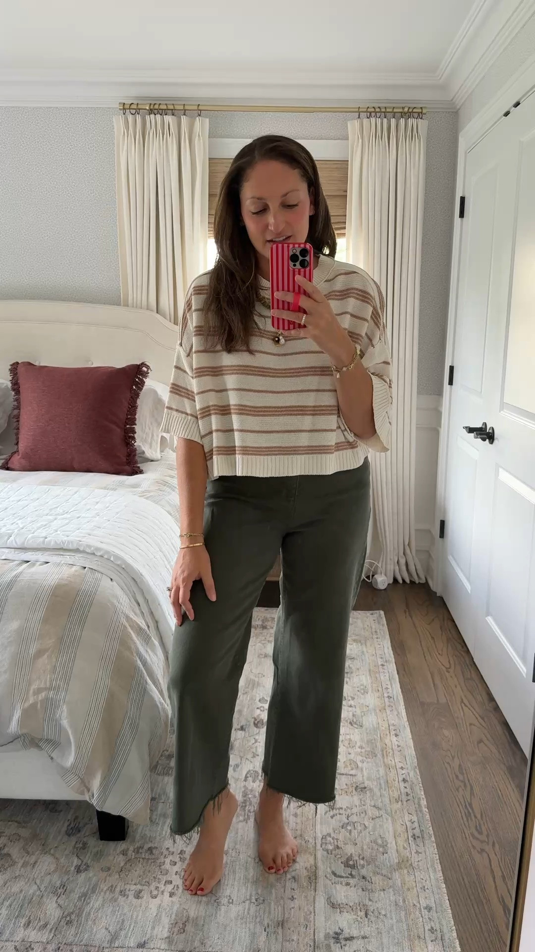 This sweater from @Anthropologie is one of my most-worn sweaters this time of years — it’s lightweight and honestly just perfect. I own it in two stripes and also a couple of the solid cashmere versions! And these olive green jeans are an amazing under $100 find 🍂

#LTKootd #LTKdayinmylife #LTKOver40