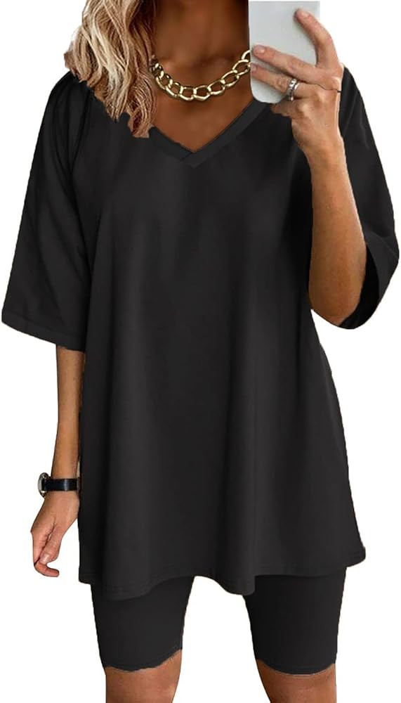 Women Two Piece Outfits Shirts Summer Casual V Neck Oversized T Shirt Top Sweatsuits Biker Shorts Se | Amazon (US)
