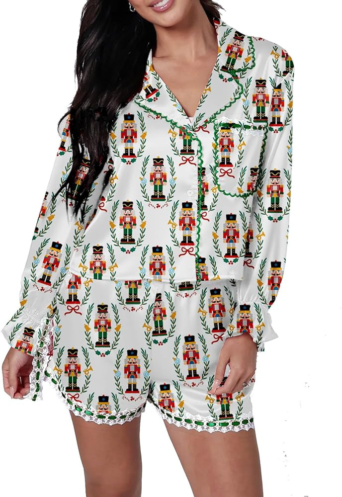 Women Silk Satin Christmas Pajamas Set Lace Trim Long Sleeve Button Shirt Wide Leg Shorts Y2k Cut... | Amazon (US)