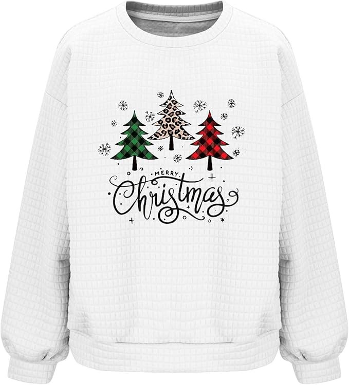 Christmas Women Waffle Sweatshirts Loose Long Sleeves Oversized Sweatshirt Xmas Print Holiday Cas... | Amazon (US)