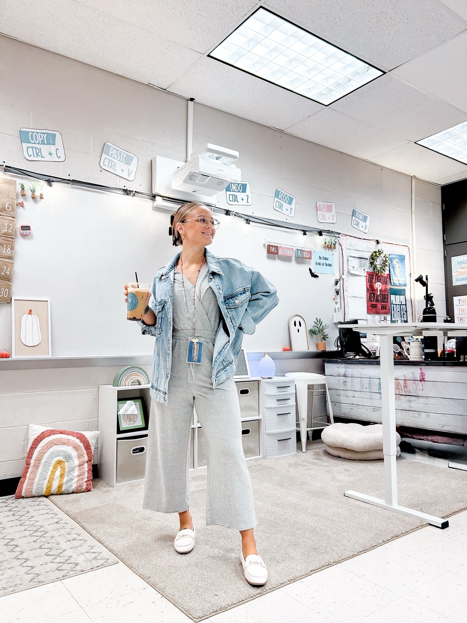 Outfit of the day. Teacher. Teachers. Middle school. Secondary teacher. Ootd. Jean jacket. Oversized jean jacket from Mango. Gray jumpsuit from Kittenish. Old but linked similar. White loafers from Amazon and so comfy! 

#LTKWorkwear #LTKFindsUnder100 #LTKStyleTip